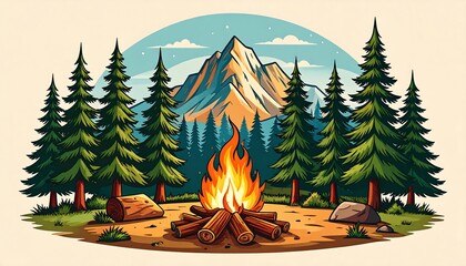 A vibrant illustration showcases a campfire scene amidst a picturesque forest and mountains.