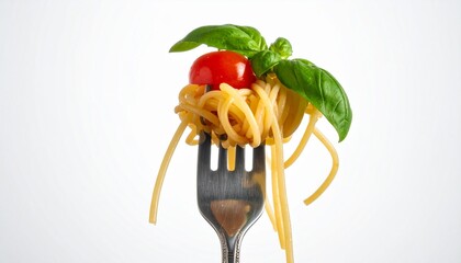 Spaghetti on fork with tomato and basil on the top isolated on background