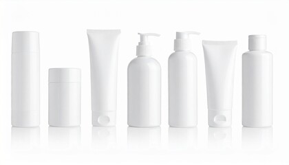 Blank White Cosmetic Bottles Mockup &ndash; Cream, Foam, Shampoo Packaging Isolated on White Background with Clipping Path