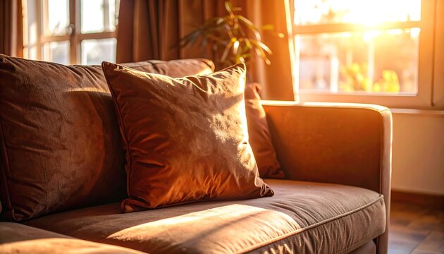 An inviting, sunlit living room scene showcasing a plush brown couch with pillows, warm tones, and an outdoor view - Powered by Adobe