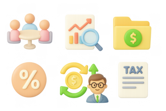 3d business icons: collaboration, financial growth, tax concepts