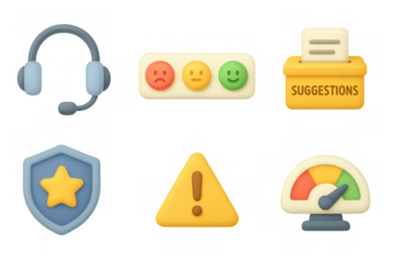 Customer support icons with survey and feedback elements in 3d style