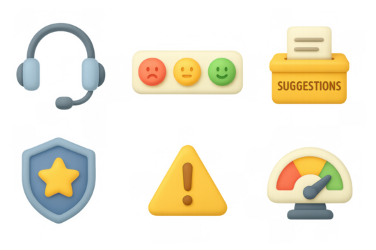 Customer support icons with survey and feedback elements in 3d style