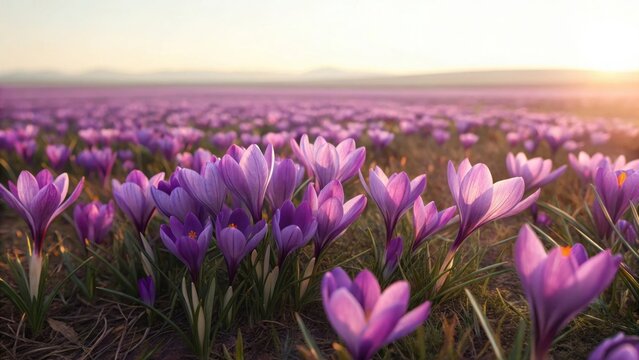 Field of purple crocus flowers blooming in the spring season at sunset