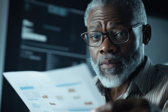 Middle-aged Black man analyzes market trends with diverse team for strategic planning