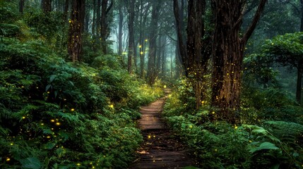 Obraz premium Enchanted Firefly Forest Path at Dusk