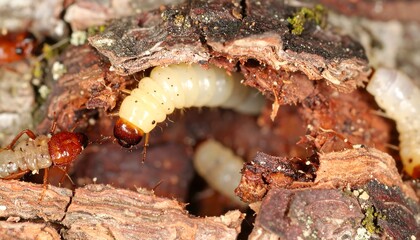 Close-up of wood borer larvae and ants