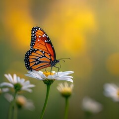 Obraz premium An orange monarch butterfly perches delicately on a white daisy flower, with a soft yellow and green background, showcasing insect beauty