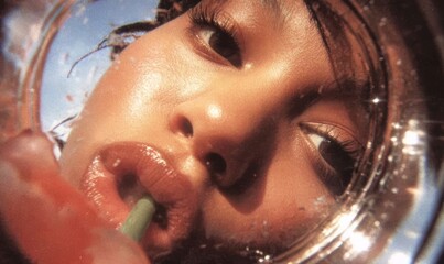 Woman looking through glass. Creative close-up portrait with reflective surface. Unique perspective and artistic shot for advertising and editorial use.