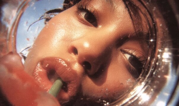 Woman looking through glass. Creative close-up portrait with reflective surface. Unique perspective and artistic shot for advertising and editorial use.