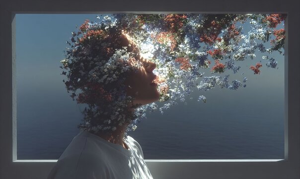 Woman with exploding head made of flowers, concept of creativity. Art digital graphic design for inspirational and wellness content.