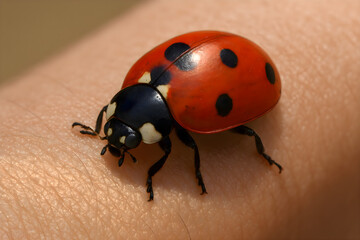 Fototapeta premium Close up view of a ladybug sitting on someone's arm, illustrating nature, insects, and outdoor interaction in a delicate and detailed scene