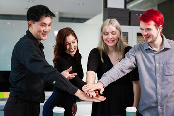 Diverse business team collaborates in modern office, discussing charts, data, strategies. Their professional teamwork reflects communication, leadership, success, productive, innovation cooperation.