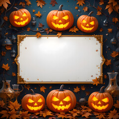 Pumpkins with carved faces placed in front of an empty sign, illustrating Halloween autumn decorations, spooky outdoor environment, festive seasonal celebration, and jack o lantern display