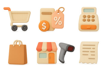 3d shopping icon set: cart, calculator, bag, receipt, store, tag, scanner