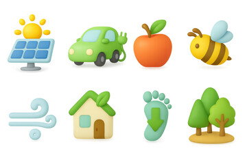 Fototapeta premium Eco-friendly icons set featuring renewable energy, nature, and sustainable living symbols