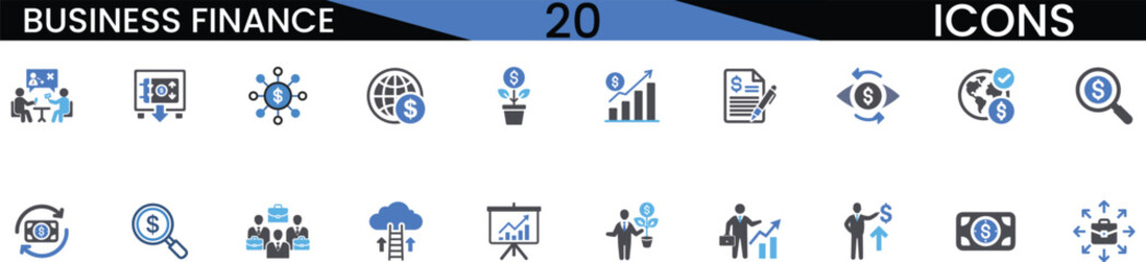 Fototapeta premium Business finance icons set, 20 professional banking and investment symbols, blue and black corporate flat vector illustrations for web and apps