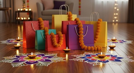 Diwali diwali shopping bags decorated with marigold garlands and diyas, symbolizing festive shopping and the celebration of the indian festival of lights