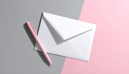 Close-up of a blank white paper envelope and a pink pen on grey and pink modern minimalist background. 