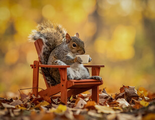 A squirrel sits in an Adirondack chair amidst fallen autumn leaves with a tiny mug. whimsical fall background with copy space. retirement or relaxation after hard work.