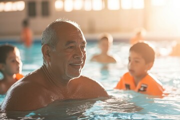 Lifeguard teaches children swimming skills in a community pool during a sunny day