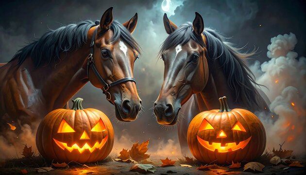 Two dark brown horses stand near glowing jack-o'-lantern pumpkins in a dramatic, atmospheric autumnal scene. - Powered by Adobe