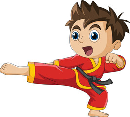 Cartoon martial artist kicking, red uniform character, dynamic pose, spiky hair, black belt fighter, action scene, energetic, white background