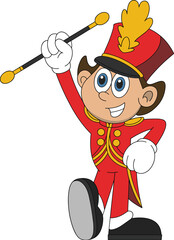 Cartoon marching band leader, red uniform character, drum major pose, parade baton raised, cheerful mascot, festive costume, vector illustration, editorial art