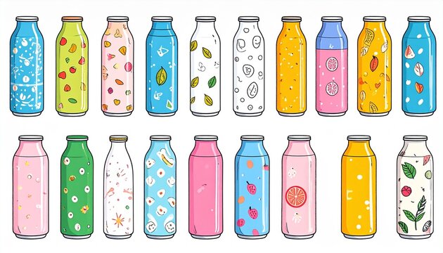 A vector set of can drink bottles various designs trendy, cute bottles for summer