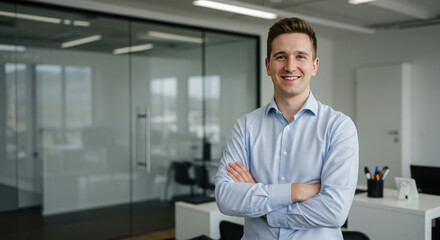Fototapeta premium Confident businessman with arms crossed in a modern glass-walled office