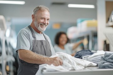 Smiling older man helping customers at the laundromat during the day