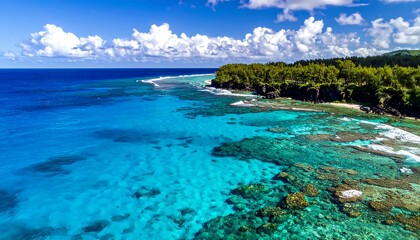 Stunning aerial view of a tropical coastline with vibrant turquoise waters and lush green trees.