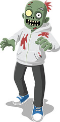 Cartoon zombie character, green skin, exposed brain, stitched wound, scary hoodie, Halloween monster, creepy undead, vector art, spooky illustration