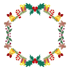 Christmas wreath frame with gifts, bells, candy canes, gingerbread cookies, and festive decorations, holiday illustration