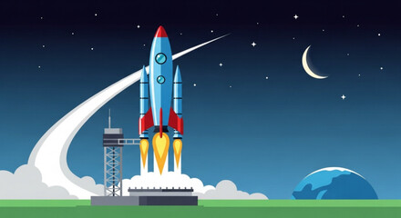 Fototapeta premium Rocket launch illustration space exploration spaceship taking off startup concept vector design graphic art