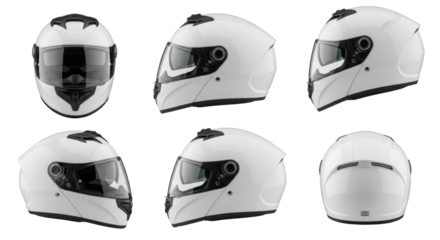 Five transparent full-face motorcycle helmets with reflective visors and matte black vents, precisely arranged on a transparent studio background with copy space, safety equipment concept for