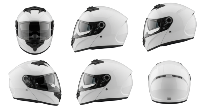 Five transparent full-face motorcycle helmets with reflective visors and matte black vents, precisely arranged on a transparent studio background with copy space, safety equipment concept for