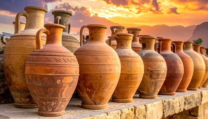Ancient Clay Pots Lined Up Outdoors at Sunset.