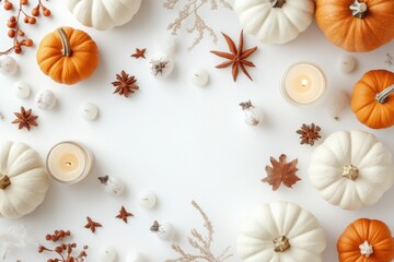 Minimalist autumn arrangement with pumpkins, candles, and natural elements on white background