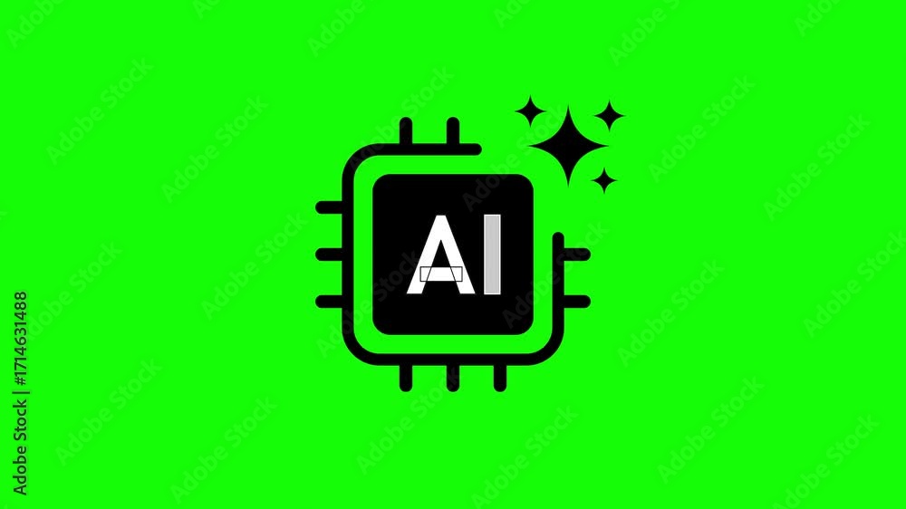 Aufkleber black and white icon of a computer chip with ai text and sparkling stars on a bright green backgroun