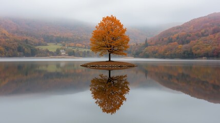 A solitary autumn tree on a small island reflected in a calm lake under a misty sky landscape view