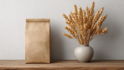 Light brown paper bag on wooden surface with wheat stalks