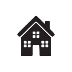 Illustration of a simple house icon the house has a roof, a chimney, a door, and four windows the icon is black and the background is white it is a minimalist design