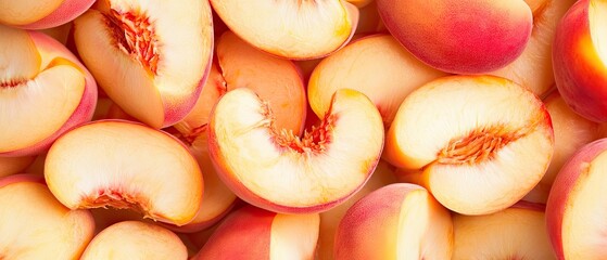 Ripe peach slices forming colorful, fresh backdrop against white wooden surface