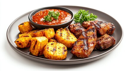 Fototapeta premium Delicious grilled beef ribs with roasted potatoes crispy on the outside and tender inside served with tomato sauce garnished with fresh parsley on a black plate