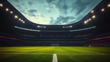 Empty soccer stadium at evening under dramatic lighting, showcasing the pristine field.