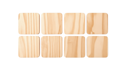 Eight blank square light wood tiles with natural grain, neatly arranged in a grid on a transparent background with copy space. Concept for versatile design
