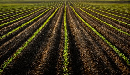 Rows of young plants in dark soil