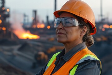 Elderly Hispanic female supervisor overseeing clinker transport operations in industrial area