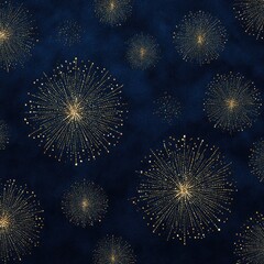Gold fireworks on a navy blue background